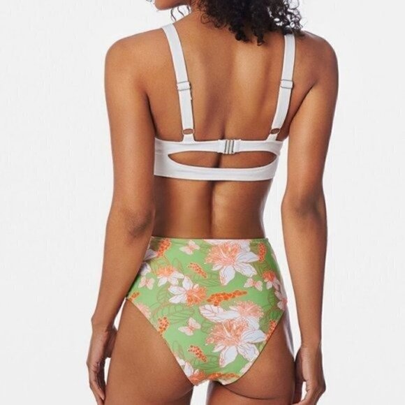 NWT High Waist Bikini Set Size XXL White Green Orange Floral Print - Picture 2 of 9